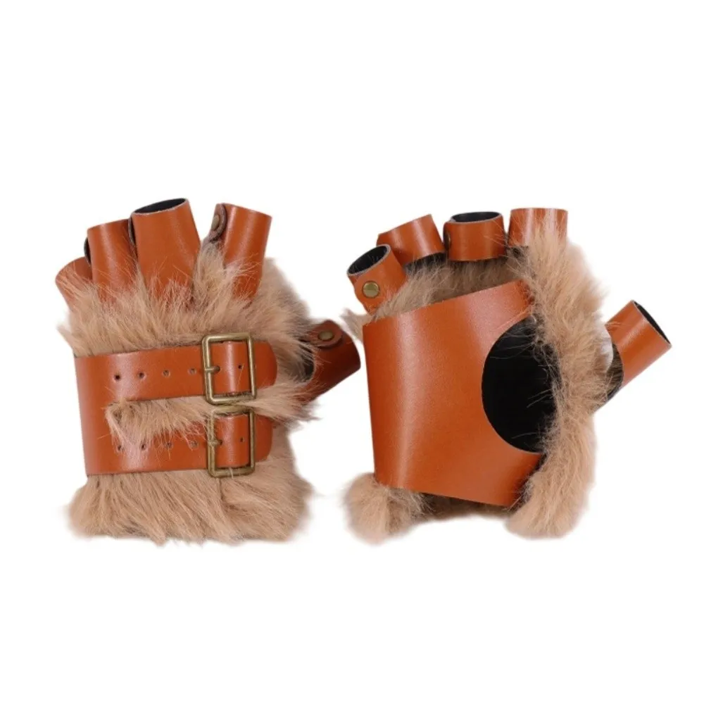 Steampunk Faux Fur Fingerless Gloves Adjustable Buckle Warm PU Leather Mittens Realistic Furry Gauntlet Halloween Party