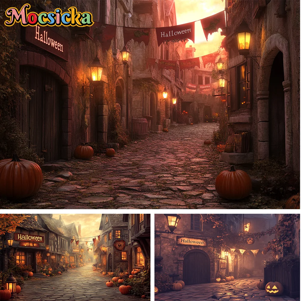 

Mocsicka Halloween Pumpkin Street Backdrop Brown Stone Floor Backdrop Baby Portrait Photography Background for Photo Studio