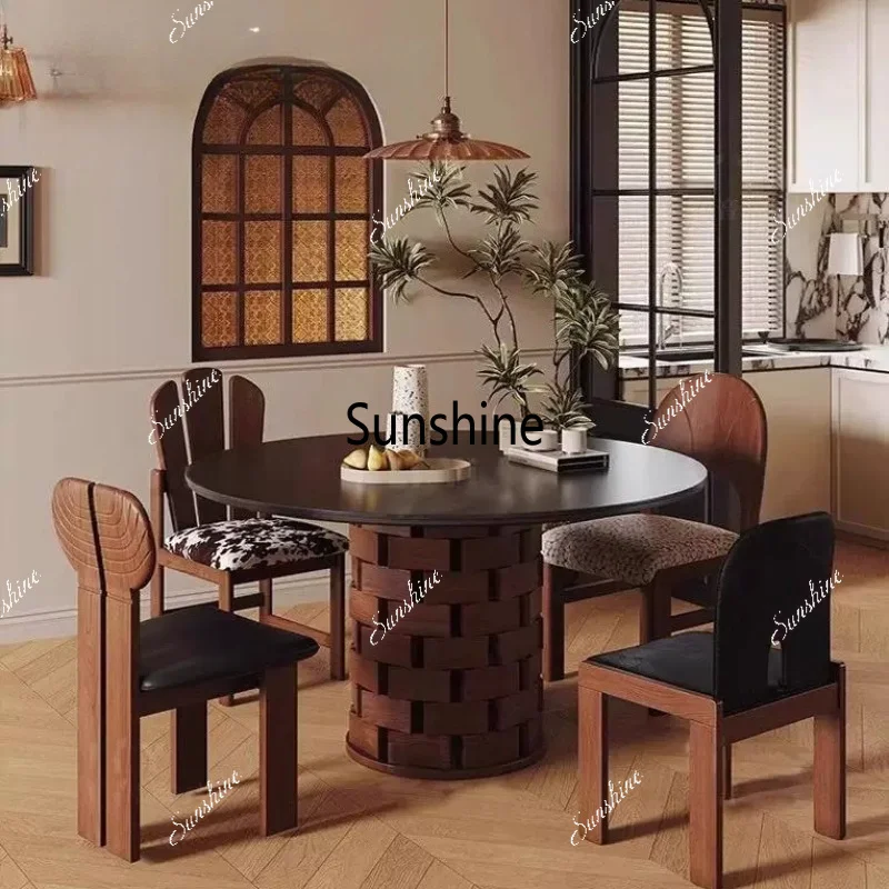 Wabi-sabi style stone slab round table, solid wood dining table for small home apartments