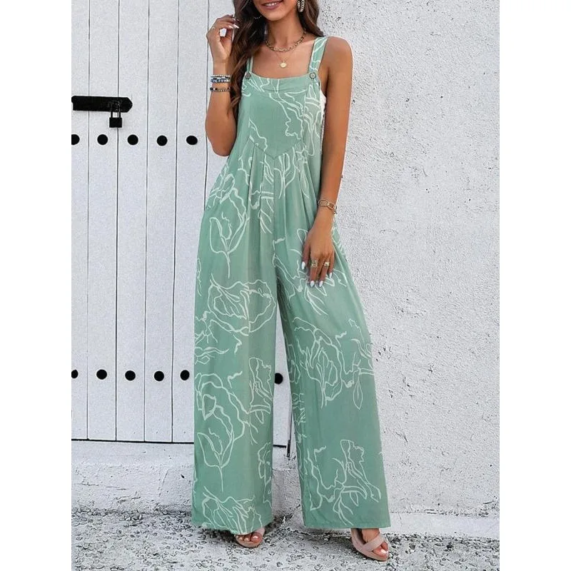Plus Size Women's New Fashion Button Sexy Sleeveless Suspender Temperament Printed Casual Belt Pocket Jumpsuit image 3