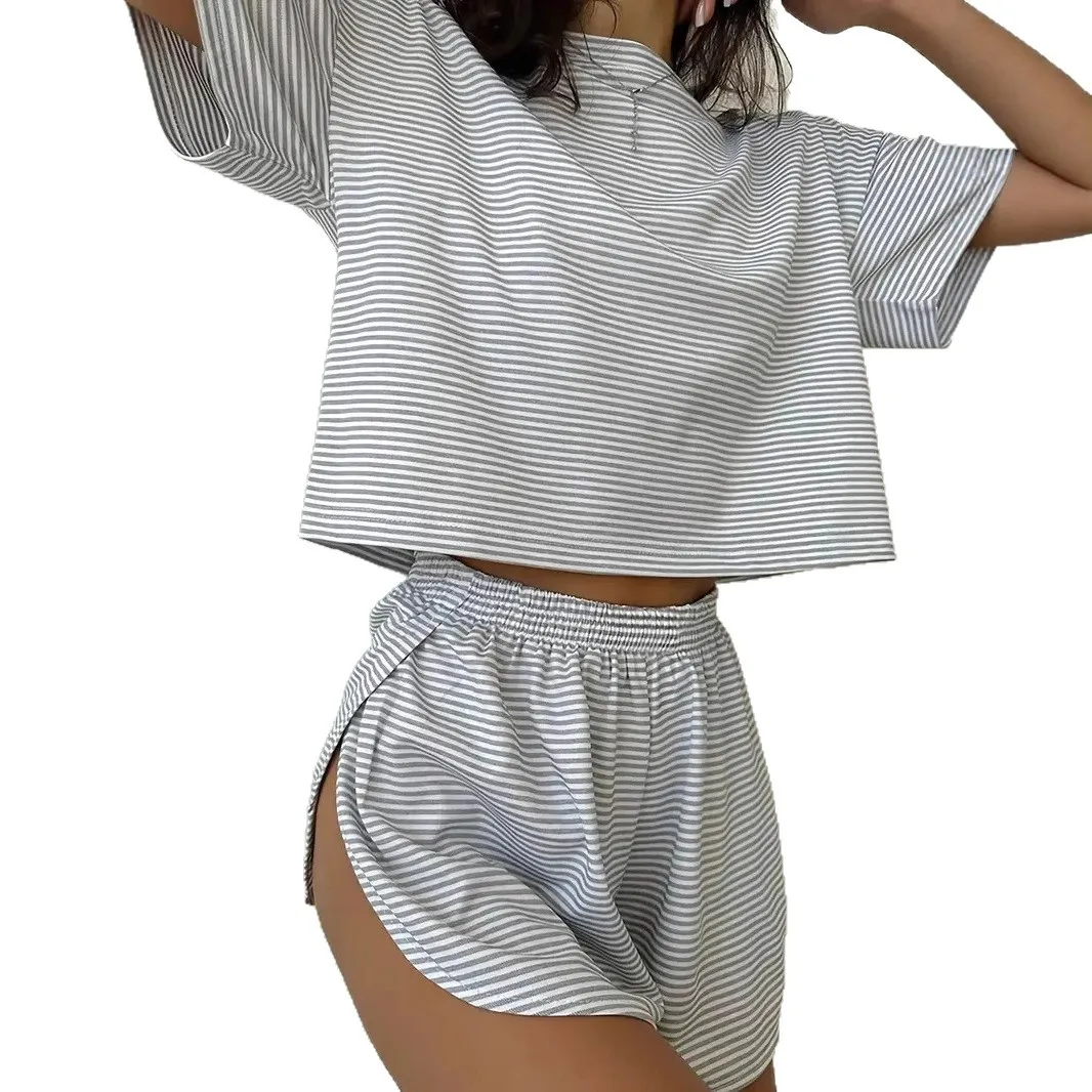 Women's Stripe Pajamas Set Short Sleeve T-Shirt And Shorts Sleepwear 2 Piece Set For Women Home Casual Loose Round Neck Pajamas
