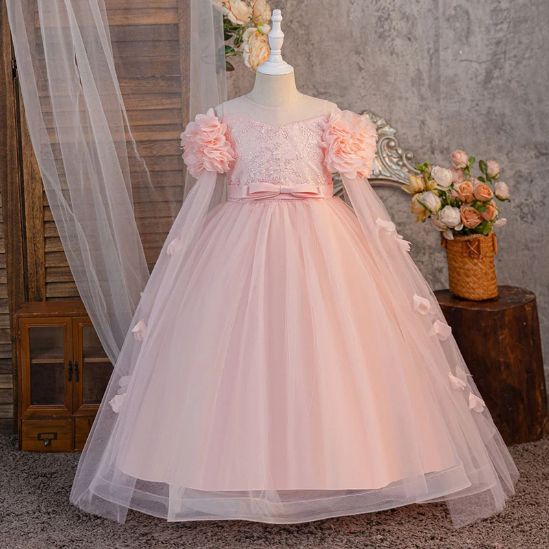 매혹적인 화이트 소녀용 정장 드레스, 스쿱 넥과 긴 튤 소매, 플라워 걸 드레스, 바닥까지 닿는 트레인 소녀 드레스