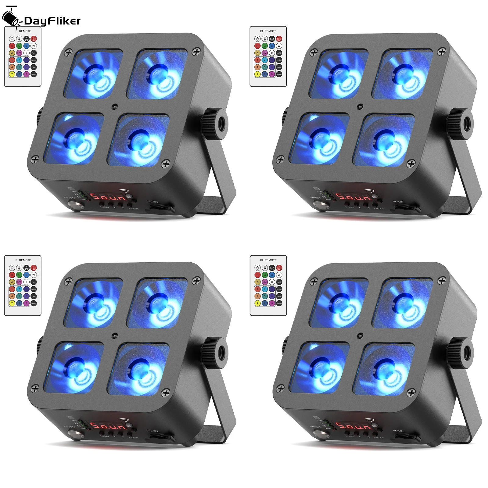 

DayFlicker 4Pcs 40W RGBWA+UV 4-LED Par Light with 5200mAh Battery Features 16.7 Million Vibrant Colors DMX512 For Party Disco