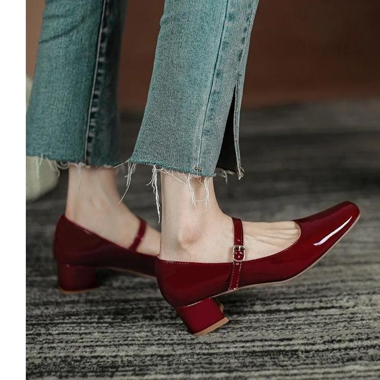 French Square Toe Thick Middle Heel Women\'s 2024 Spring and Autumn Popular Retro Wine Red Single Shoes