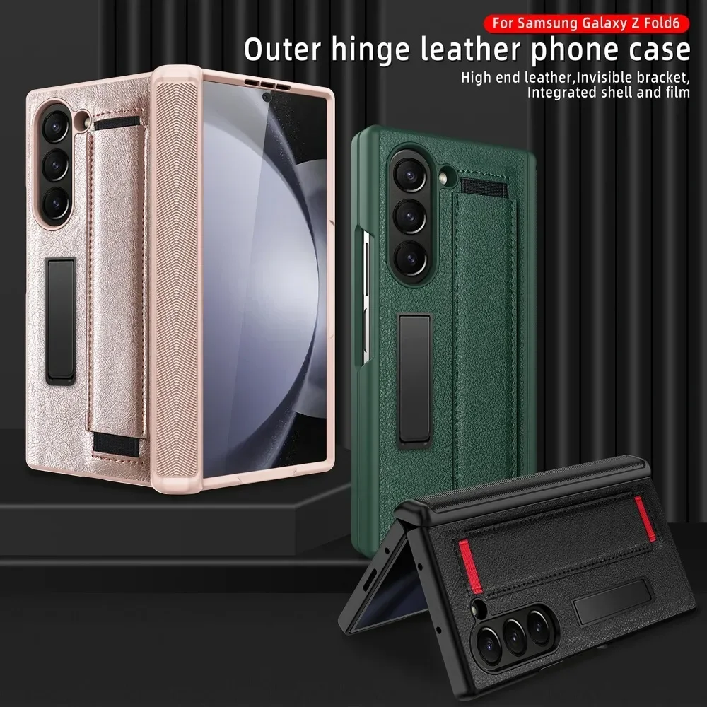 Full Coverage Hinge Protective Kickstand Leather Wristband Phone Case with Screen Protector For Samsung Galaxy Z Fold 6 5 4 5G