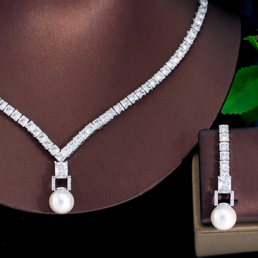 

ThreeGraces Shiny Square Zirconia Big Long Simulated Pearl Earrings and Necklace Bridal Wedding Jewelry Set for Women TZ979