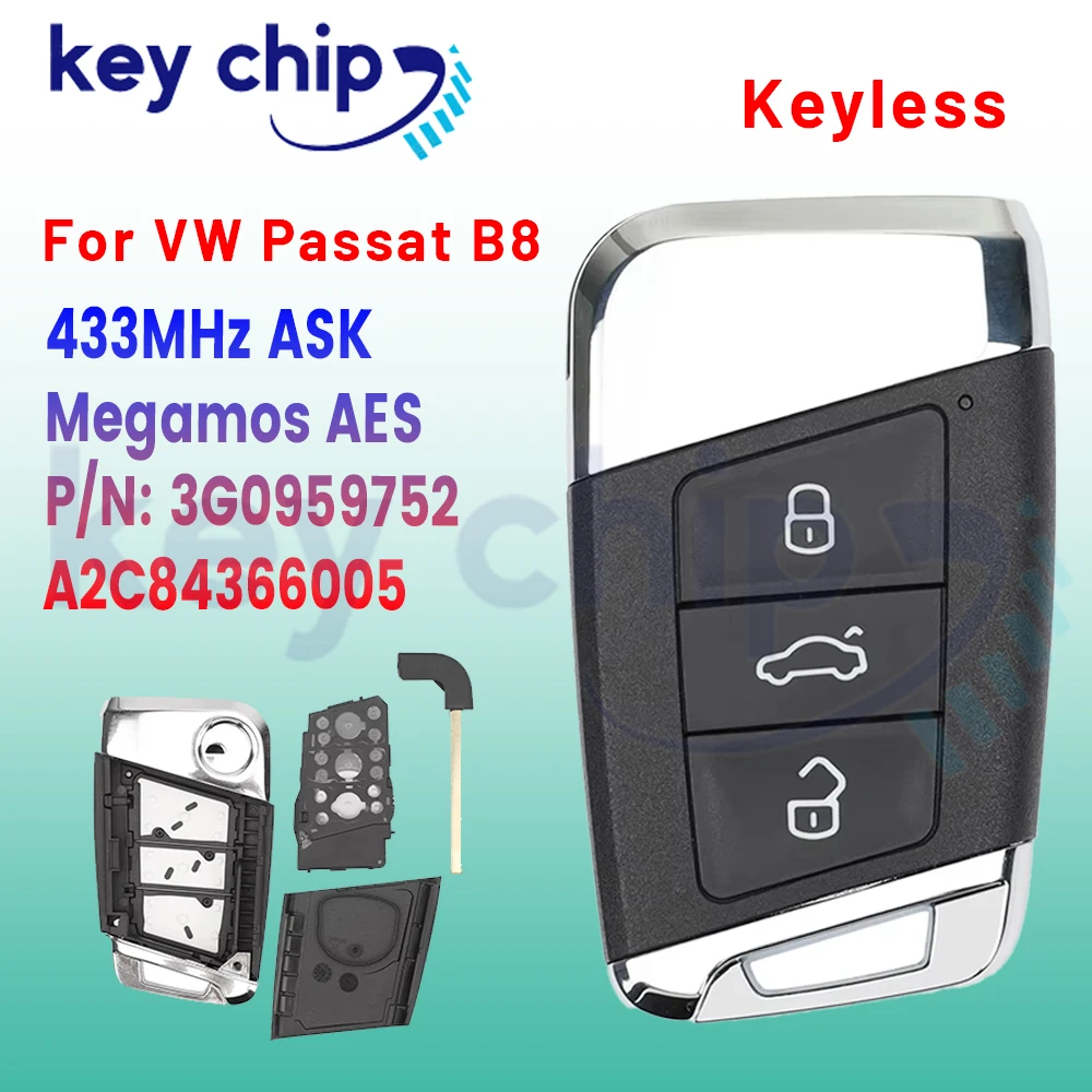 3G0959752 Keyless Smart Key For VW Passat B8 A2C84366005  433MHz ASK