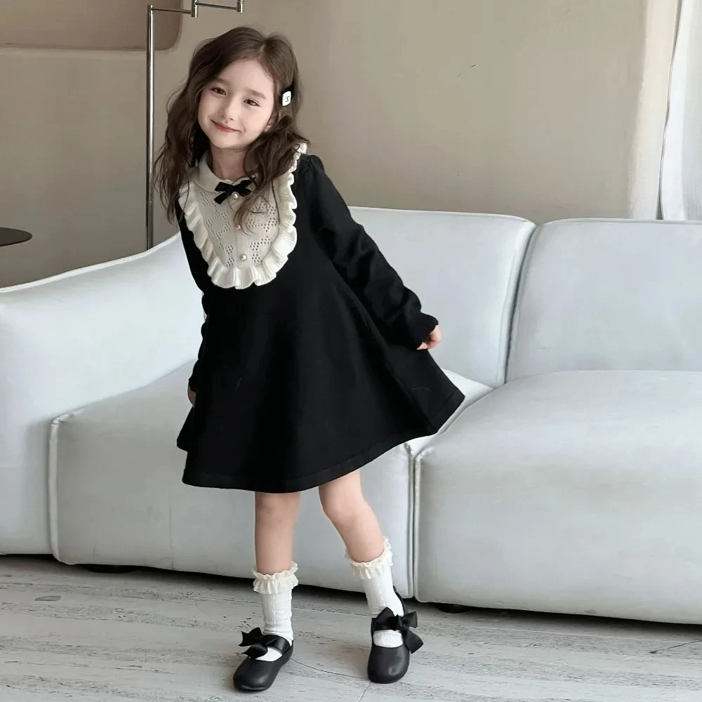 

2025 Retro Color Blocked Casual Dress Autumn and Winter New Kids Clothes Girls Long Sleeved Bow Decoration Princess Dresses