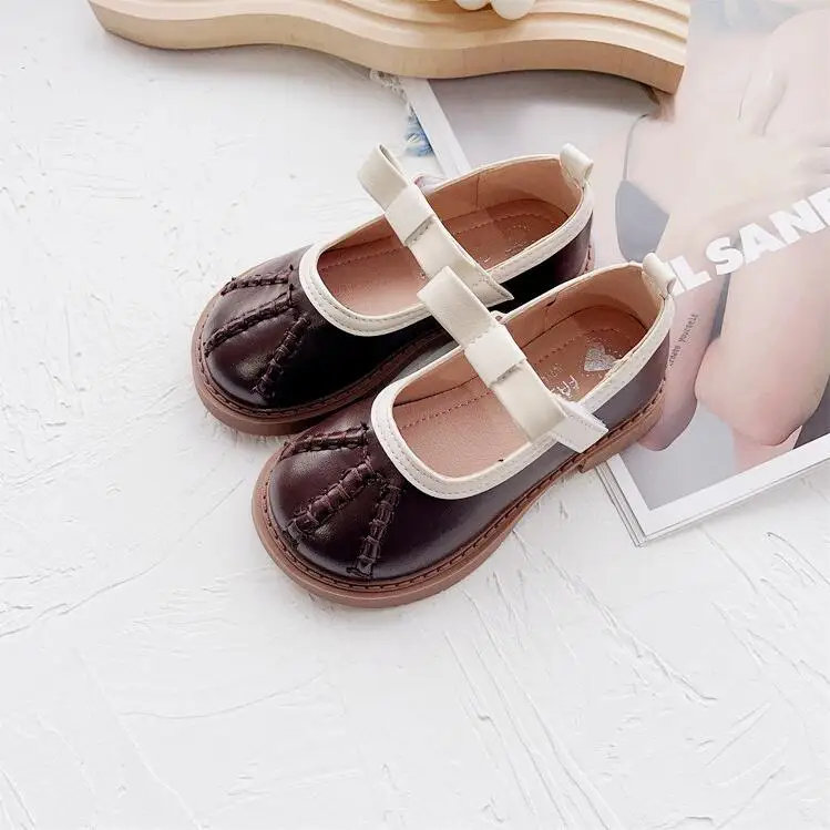 2024 Spring Autumn New Girls' Bowknot Leather Shoes Cute Children's Soft Sole Single Shoes Western Fashion Princess Shoes