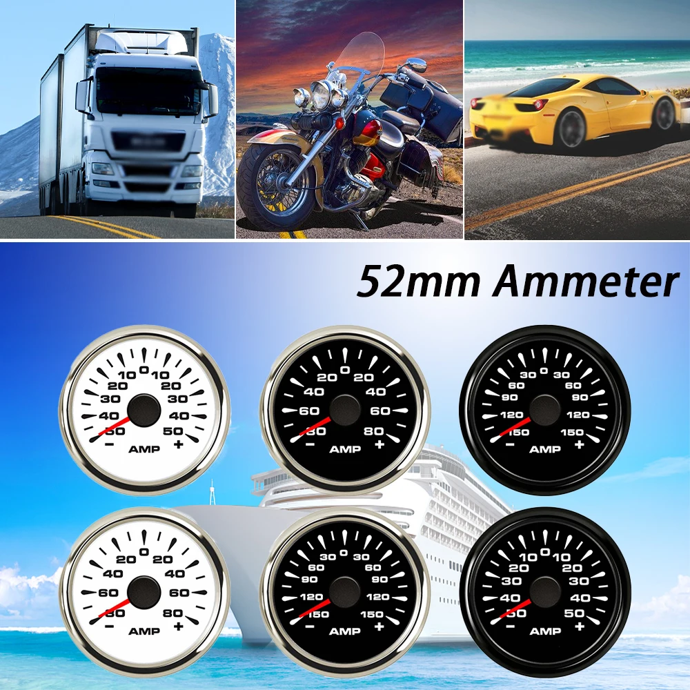 Rhaxel 52mm Ammeter 50A 80A 150A AMP Gauge with Current Sensor with 8 Colors Backlight for Car Motorcycle Yachts
