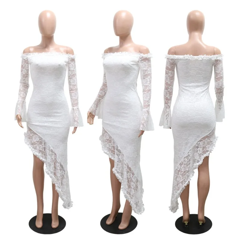 KEXU Full Sleeve Lace See Through Ruffles Bodycon Irregular Long Dress Summer Birthday Women Sexy Night Party Dresses Vestido