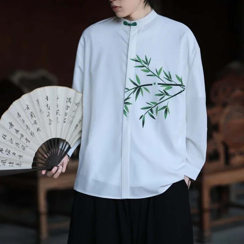 قميص الحرير الجليد الرجال الخيزران طباعة النمط الصيني مريح تنفس قميص Vintage رجالي الصيف عادية فضفاضة تناسب ملابس علوية الرجال