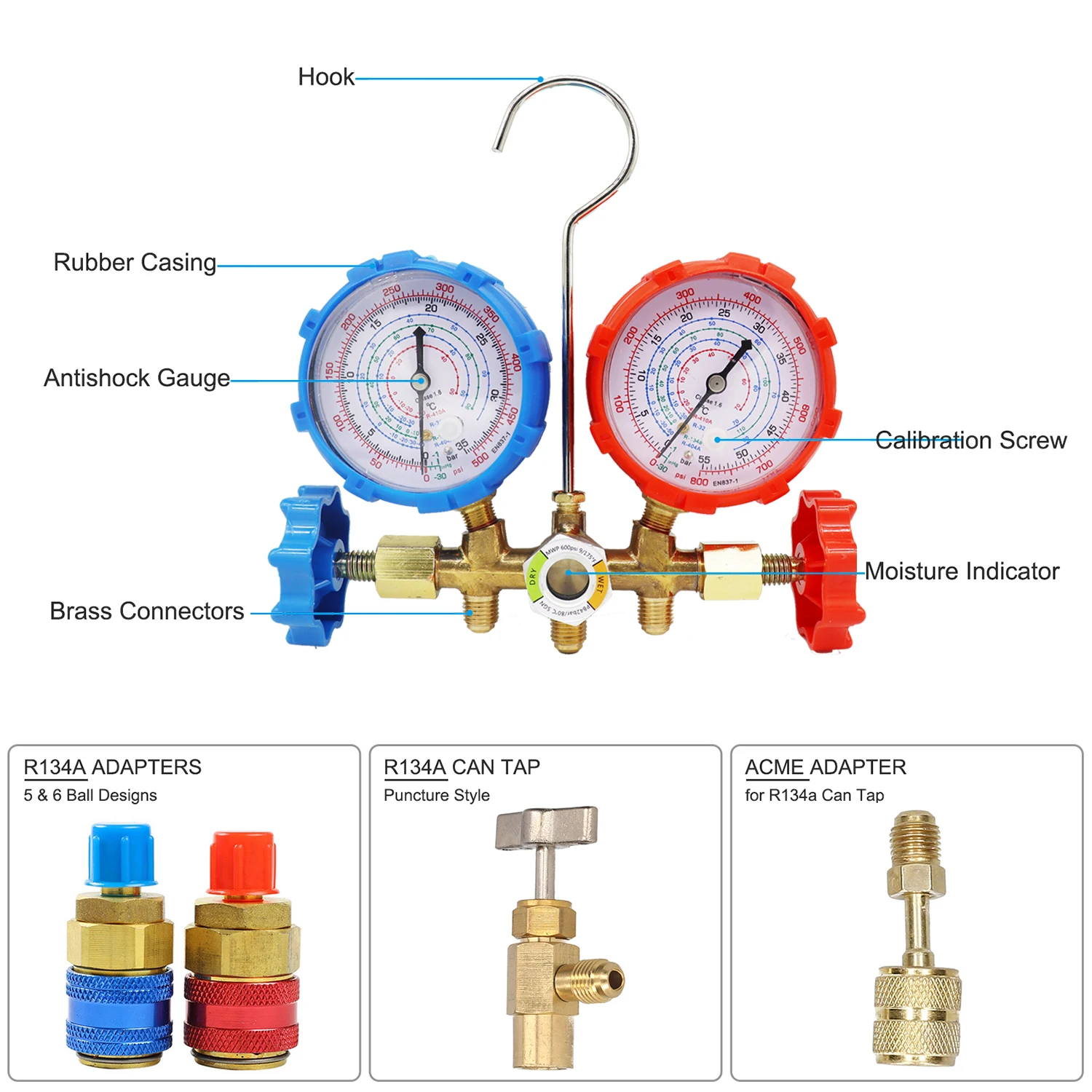 R410A R134A R32 R404A Air Conditioner Refrigeration Fluoride Meter Kit, Manifold Meter Diagnostic Tool