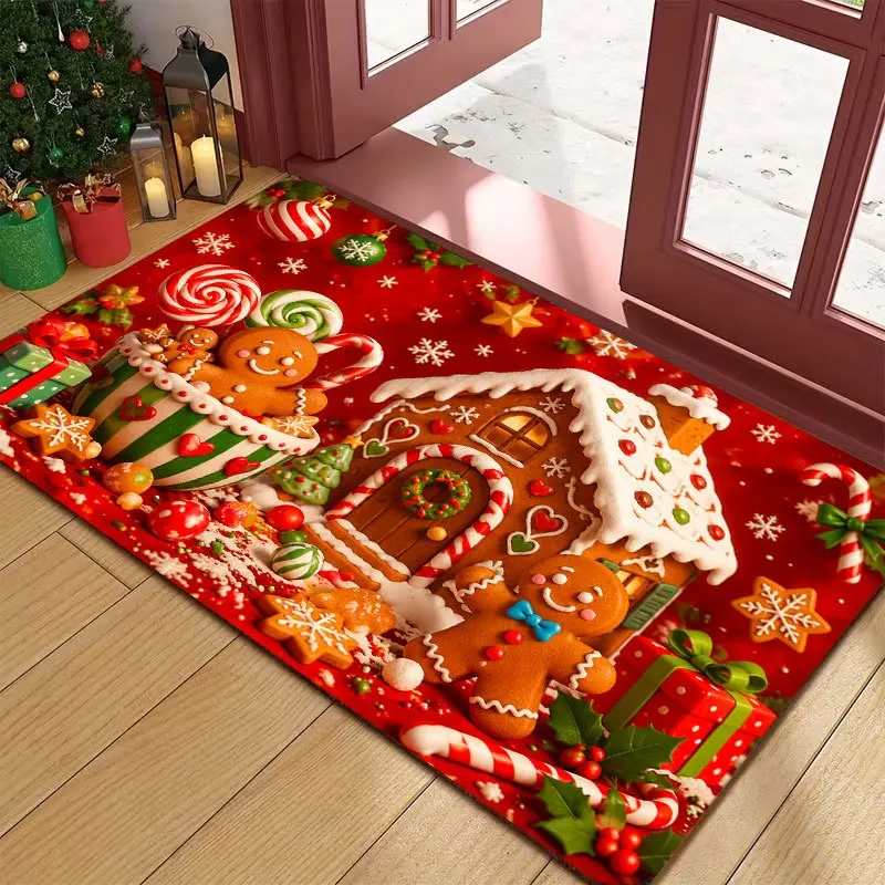 Festive Red Gingerbread House And Lollipop Low Profile Washable Area Rug For Merry Christmas Hallway Kitchen Dining Accent