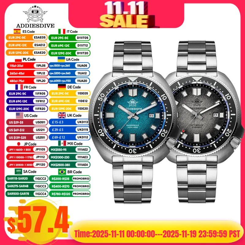 

ADDIESDIVE Hot Men's Abalone Dive Watch AD2511 20Bar Waterproof Quartz Watch Sapphire Crystal 316L Stainless Steel reloj hombre