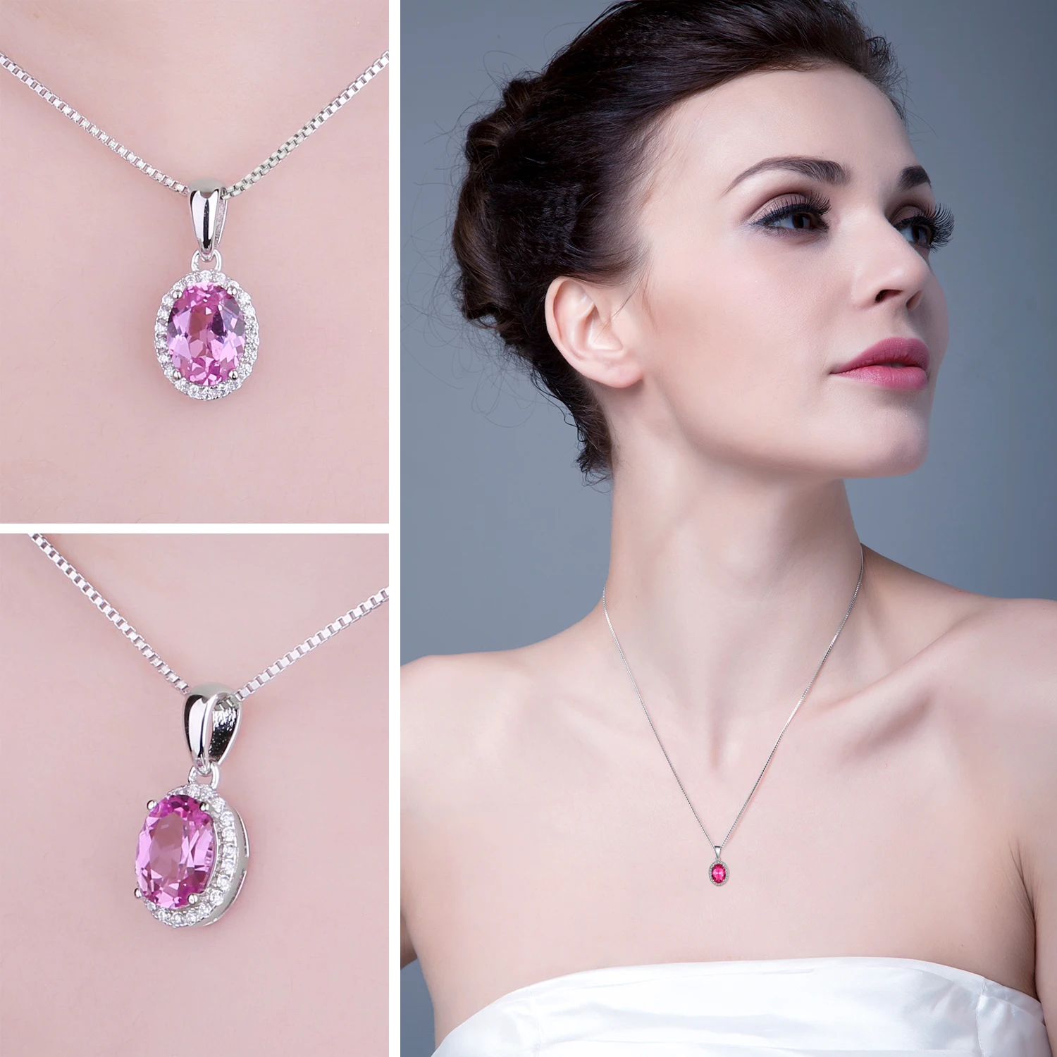 JewelryPalace 1.7ct Created Pink Sapphire 925 Sterling Silver Halo Pendant Necklace for Woman Fashion Engagement Gift No Chain