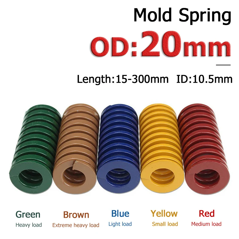 1-10pcs OD 20mm Compression Spring Loading Die Mold Spring ID 10.1/10.2/10.5/11.1/mm Length 15-300mm Yellow/Blue/Red/Green/Brown