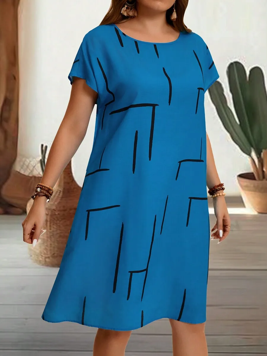 

Plus Size Women Printed Short Sleeve A-Line Dress For Summer Vacation