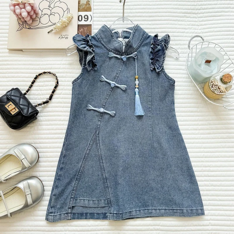 

Girls' New Chinese Style Qipao Dress2026Summer new stylish short-sleeve buttoned denim dress in Chinese style