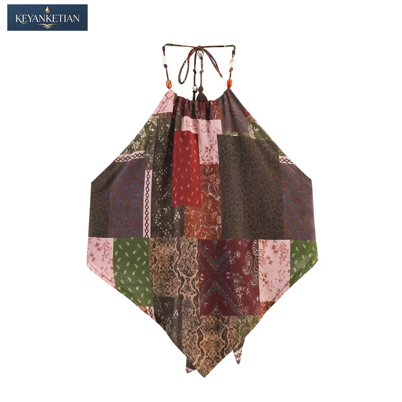 

KEYANKETIAN 2026 Summer Boho Patchwork Halter Top Loose Fit Beaded Tassel Necktie Asymmetric Bandana Print Vest Corsage
