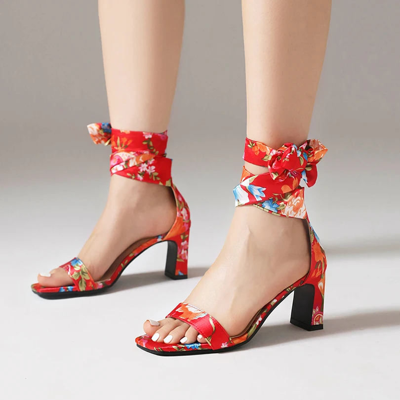 Classic Retro Style Printed Silk High Heel Sandals Flower Ankle Bow Knot Hollow Open Toe Women's Sandals Ethnic High Heel Shoes