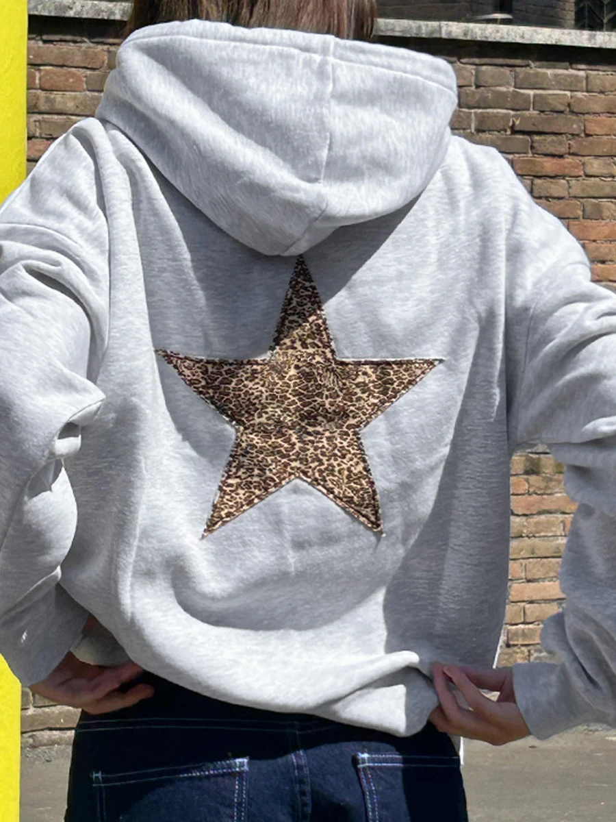 Women\'s Hooded Hoodie Casual Loose Star Print Long Sleeve Sweatshirt with Front Pocket for Fall Winter Streetwear Y2K 90s Punk