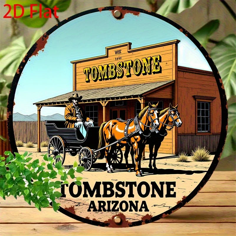 مسطح ثنائي الأبعاد، قطعة واحدة من لافتة أريزونا الغربية العتيقة - لوحة تزيين غرب قديمة مع رعاة البقر وعربة مرسومة بالحصان - Dur