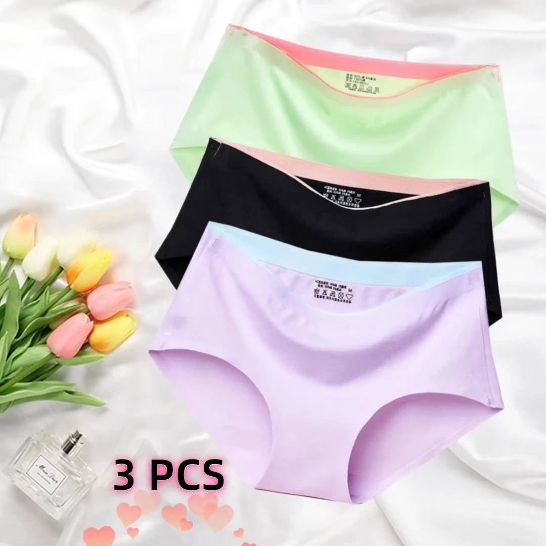 

3 PCS Panties Mid-Waist Color-block Hip Breathable Sexy Traceless Briefs Cotton Underwear Comfortable Women's Cotton