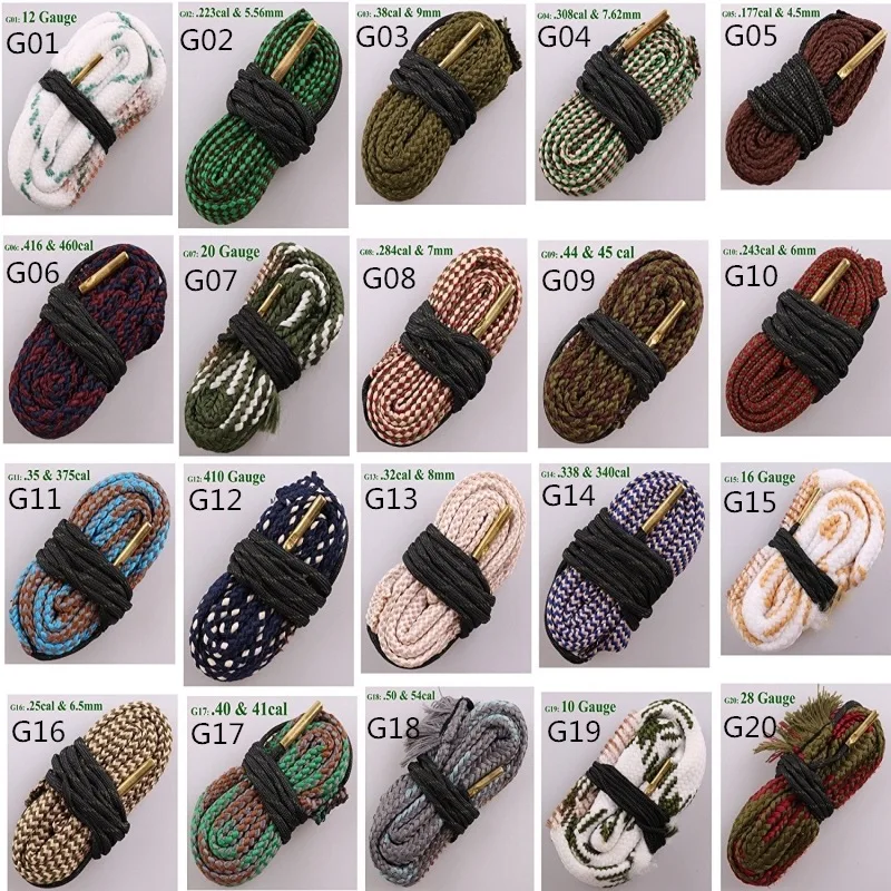 

Набор для чистки оружия: веревка для чистки ствола охотничьих ружей калибров .22, .223, .38, 5.56мм, 7.62мм, 12GA, а также щетки для чистки ствола ружья, калибры 2030