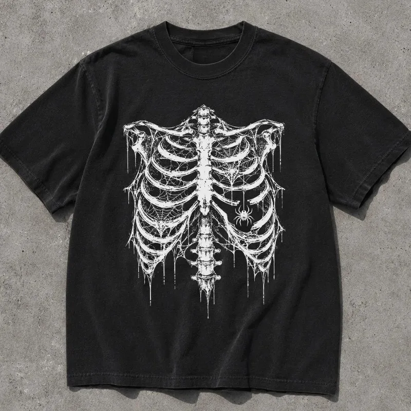 Gothic Anatomy Pattern Shirt Terror Skull Shirt Retro Halloween T-shirt Men's T-shirt Punk Rock Aesthetics Y2K Pattern T-shirt