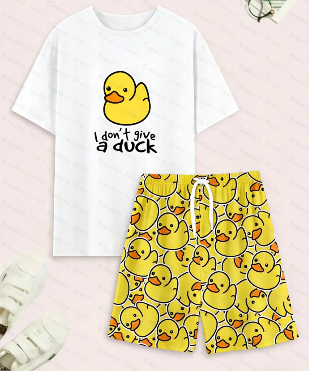A set of duck printed casual pajamas home clothes duck printed shorts and a T-shirt with a duck pattern comfortable summer set