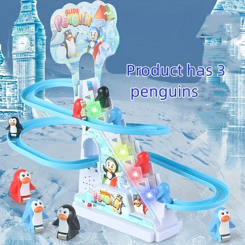 Conjunto de corrida de pinguim, conjunto de slide de pinguim, luzes led piscantes, pista de corrida, escada, brinquedos de escalada, presente de feriado para crianças