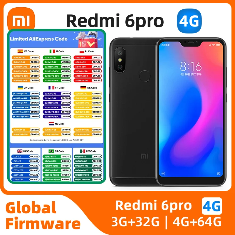 used-xiaomi-redmi-6-pro-android-4g-unlocked-584-inch-4gb-ram-64gb-rom-all-colours-in-good-condition-original-cell-phone