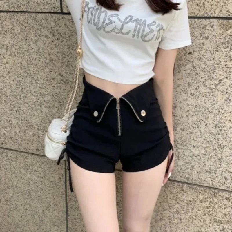 

Шорты женские летние облегающие с высокой талией в корейском стиле, с молнией, в стиле Хариджуку, для клуба, с эффектом сборки, облегающие, сексуальные