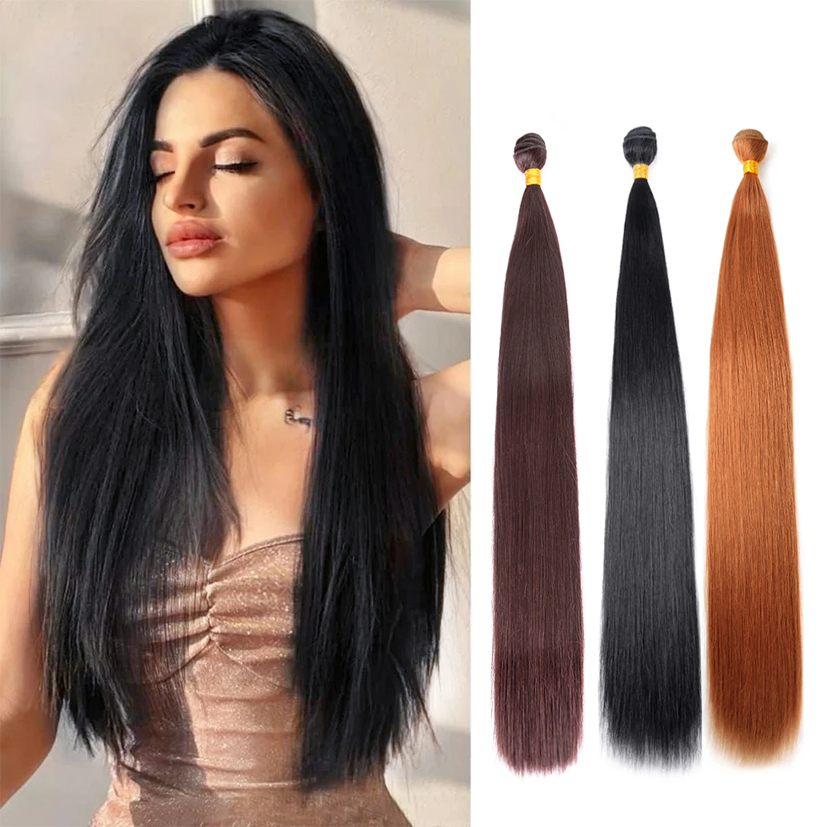 Bundel rambut lurus 100G Ombre coklat 24 inci rambut sintetis bundel serat suhu tinggi rambut lembut rambut sintetis alami