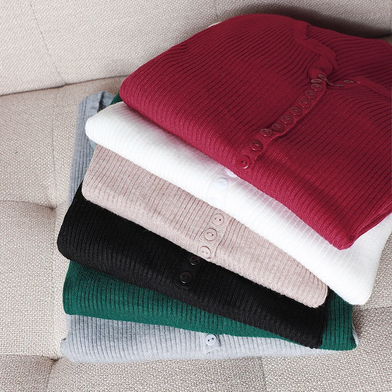 Women Autumn Knitted Slim Sweaters Solid Knitted Cotton Button V-neck Soft Elastic Pullovers Button Long Sleeve Female Sweater