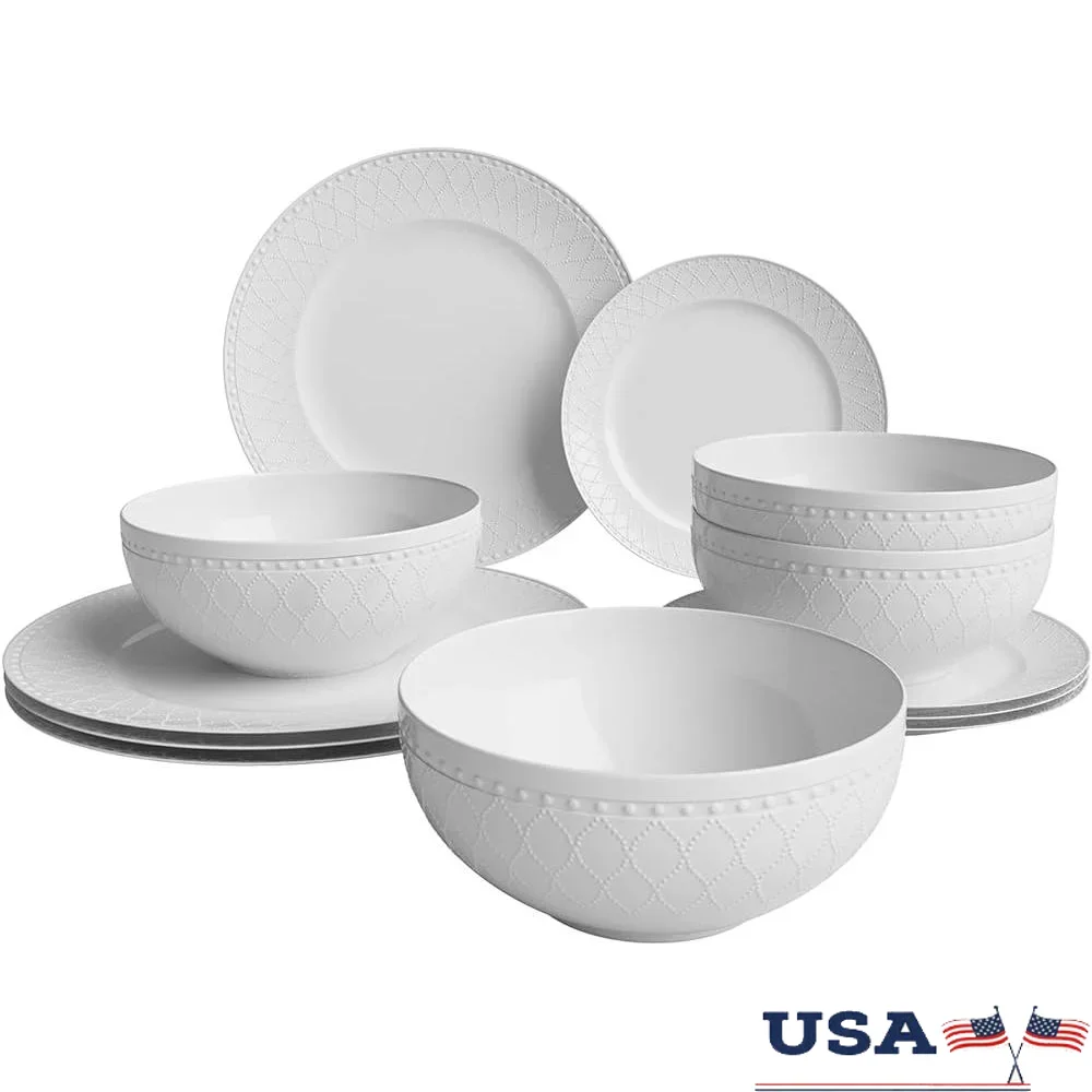 

12 Piece White Embossed Mesh Bone China Dinnerware Set Lightweight Durable Chip Resistant Dinner Plates Bowls Service 4