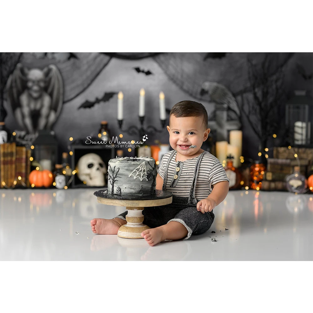 Halloween Spooky Theme Photography Backdrop Birthday Cake Smash Photo Background Skeleton Bat Decor Photo Studio Props