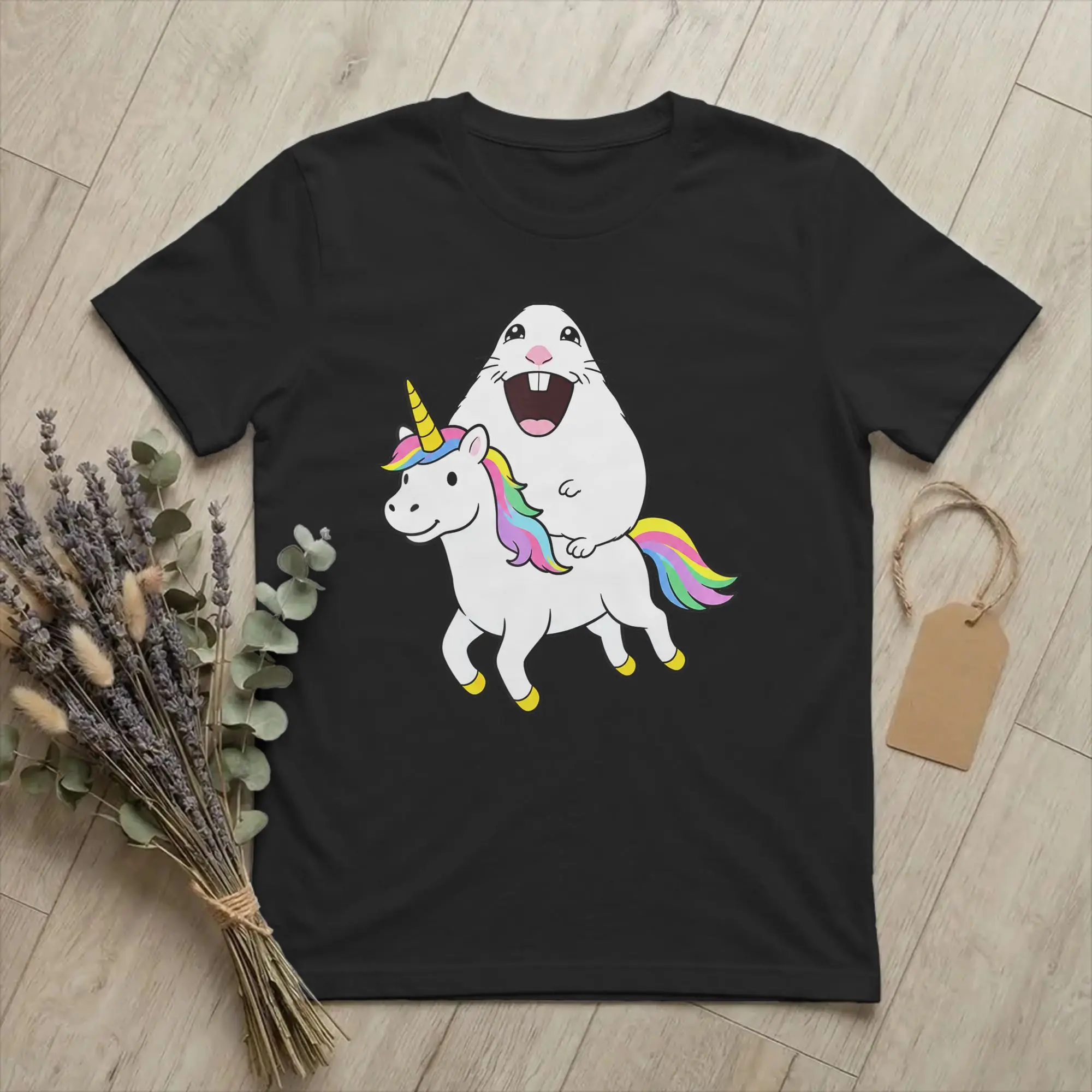 Happy Hamster Riding A Unicorn Funny Men T Shirts Rodent Quirky Awesome Tees Short Sleeve Round Neck T-Shirt Cotton Gift Tops