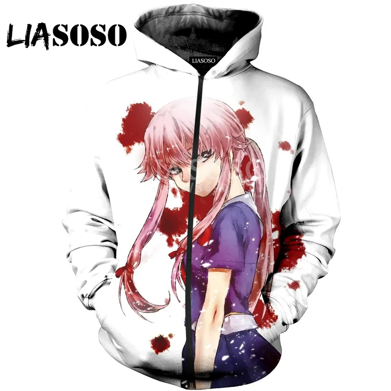 LIASOSO 3D Print Women Men Anime Future Diary Yuno Gasai Hooded pull over Hoodies Sweatshirts Casual Zipper Jacket Harajuku