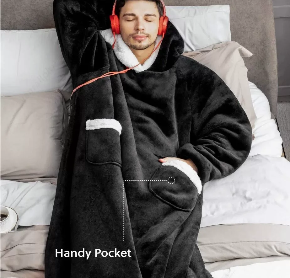 Winter Fleece Hooded Sweatshirt Blanket Oversized Pullover Design With Sleeves Cozy TV Lounge Wrap