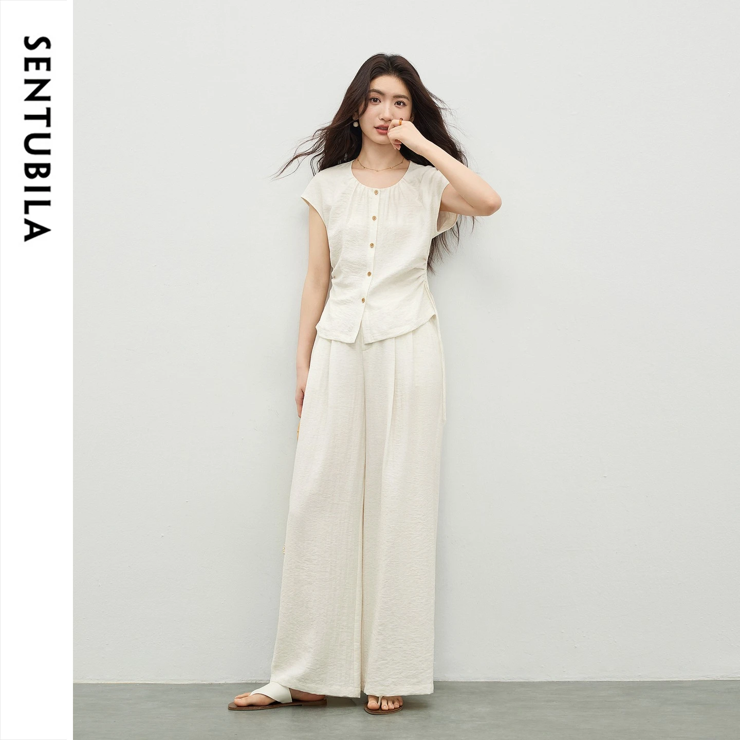 SENTUBILA 2 Piece Set Women 2026 Summer Button Shirred Drawstring Straight Pant Set Linen Round Neck Cap Sleeve Outfit 162ZK6231