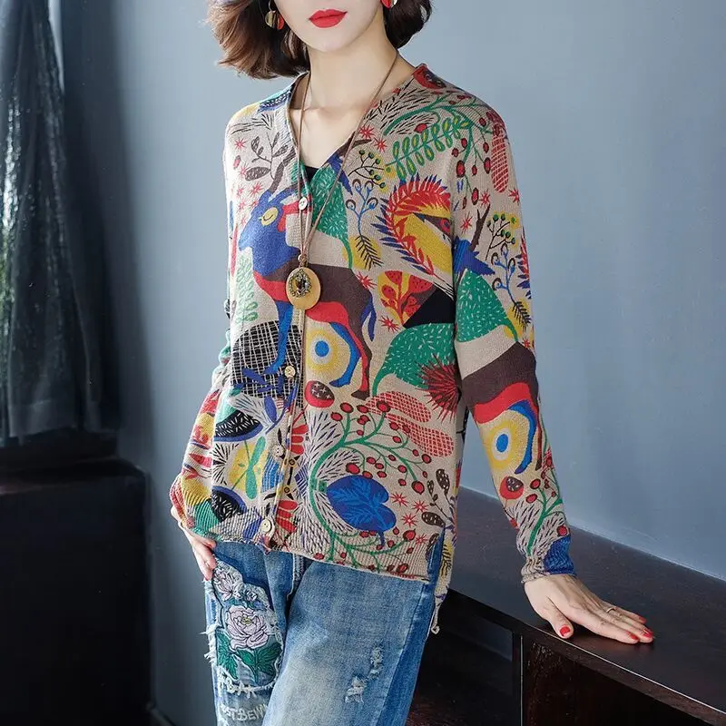 Spring Autumn V-Neck Cardigan Vintage Printed Single-breasted Fashion Long Sleeve Elegant Loose Knitted Sweaters Female Clothing