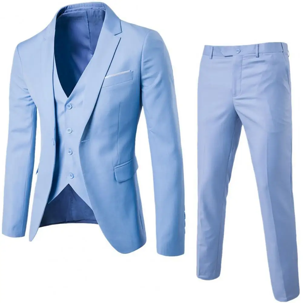 Men Three-piece Suit Formal Business Blazer Suit Pants Set Solid Color Slim Fit Turn-down Collar Anti-wrinkle Groom Wedding Suit