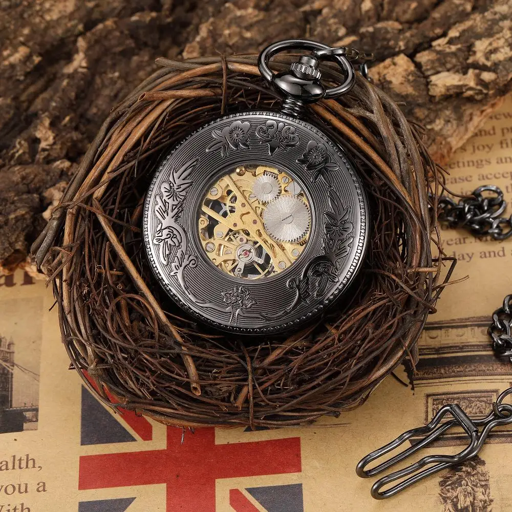 Black Diamond Accent Mechanical Pocket Watch with Orange Numeral Skeleton Flip Cover Steampunk Style