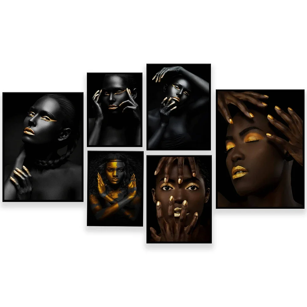 

African Art Black and Gold Woman Oil Painting on Canvas Cuadros Poster and Print Scandinavian Wall Art Painting Living Room