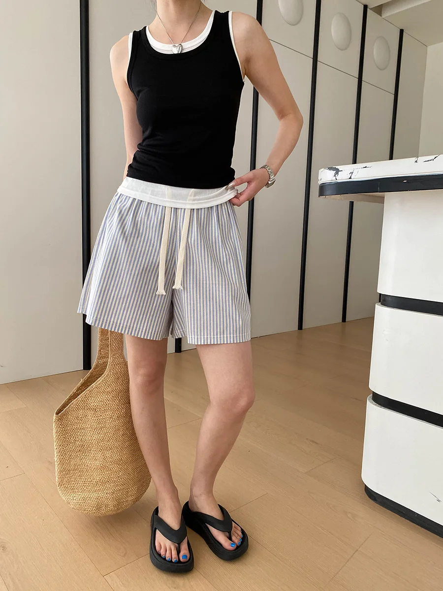 Sommerliches, lässiges, einfarbiges, kontrastfarbenes, zweiteiliges Tanktop mit Rundhalsausschnitt und schmaler Passform für Damen – Detail 36