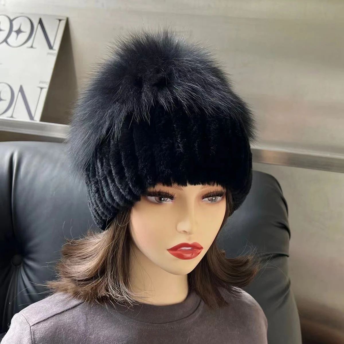 Winter New Women Luxury Real Rex Rabbit Fur Hat Knitted Rex Rabbit Fur Hat Top Natural Fox Fur Cap Genuine Fox Fur Beanies Hat