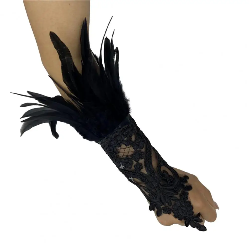 1Pc Long Gloves Sexy Lace Feather Design Elegant Gothic Mesh Sleeve Ribbon Tied Easy Wearing Gloves Halloween Party Supplies