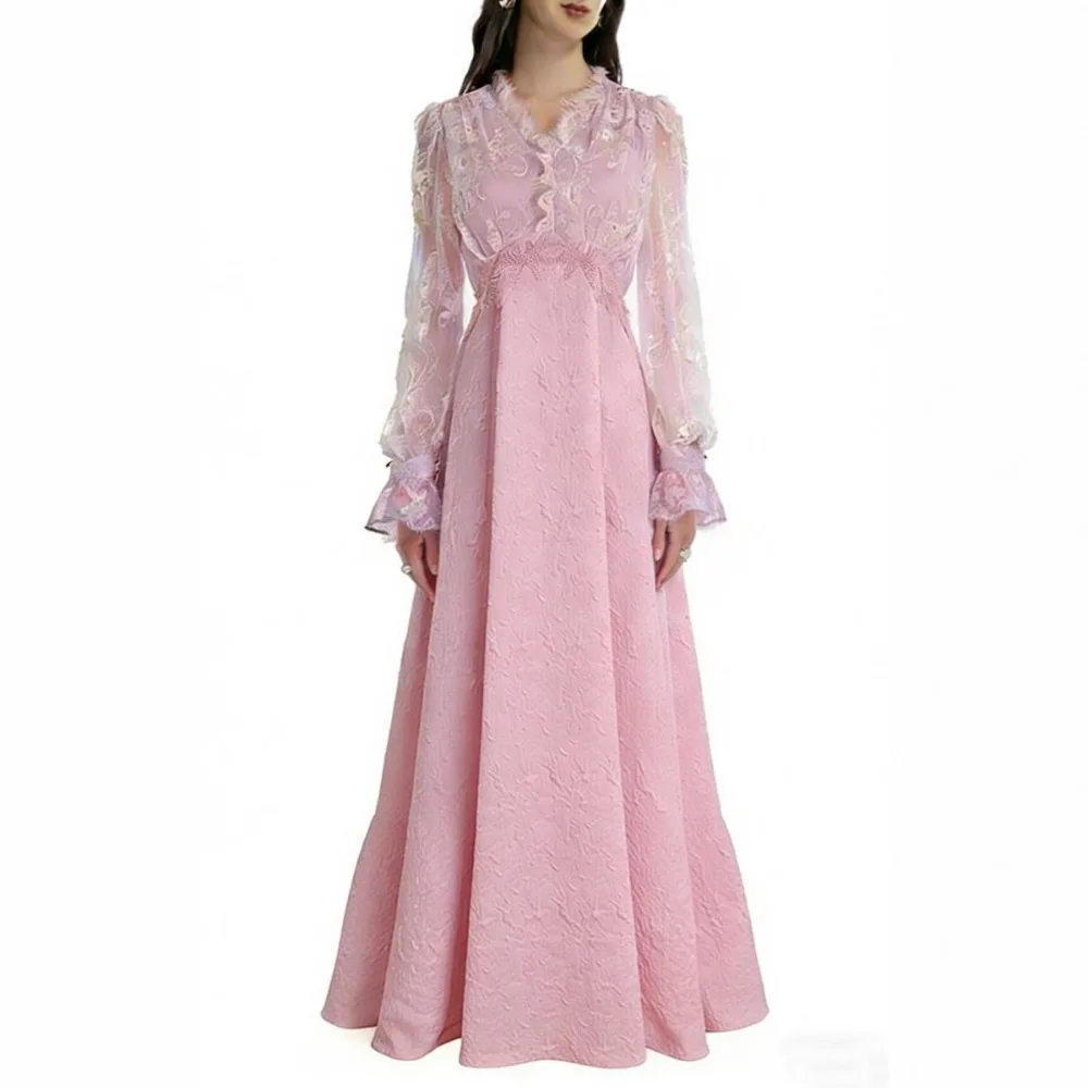 VGH Elegante Fee Jacquard Kanten Jurken voor Vrouwen V-hals Lange Mouw Gesplitst Sheer Mesh Slanke A-lijn Maxi Formele Jurk Vrouwelijke Nieuwe